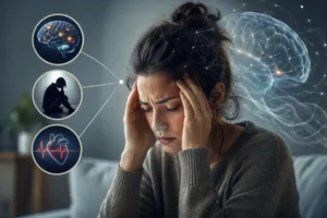 Patient experiencing anxiety symptoms with infographic elements showing brain activity, emotional distress, and physical effects of anxiety.