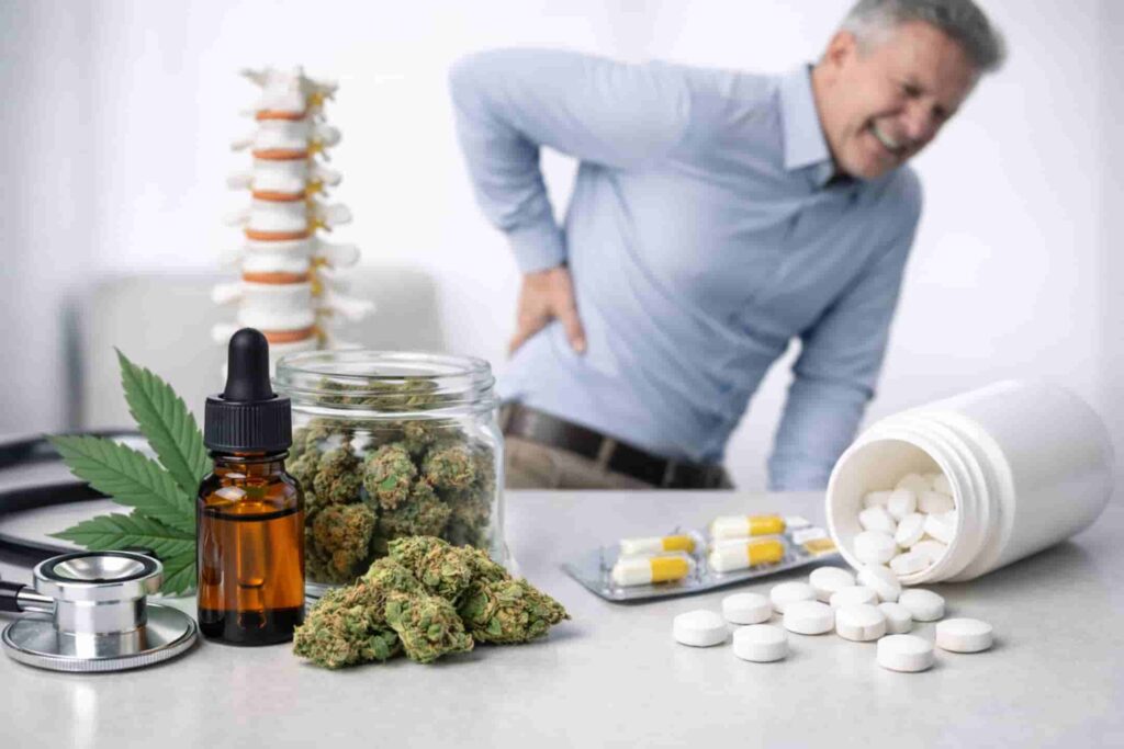 Patient with chronic low back pain standing beside spine model with medical cannabis oil and prescription pain pills on desk, illustrating medical marijuana vs opiates for back pain treatment.