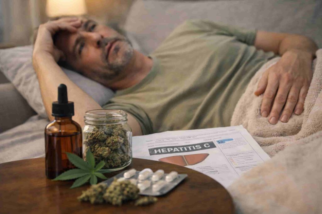 Man living with hepatitis C resting at home while managing fatigue and chronic symptoms under medical care.