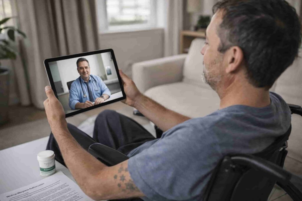A patient with muscular dystrophy meets a doctor on telehealth for a medical cannabis evaluation
