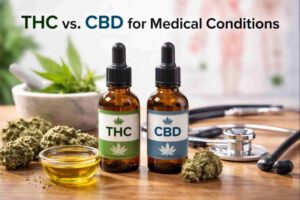 Labeled THC and CBD oil bottles with medical cannabis and stethoscope representing cannabinoid treatment options.