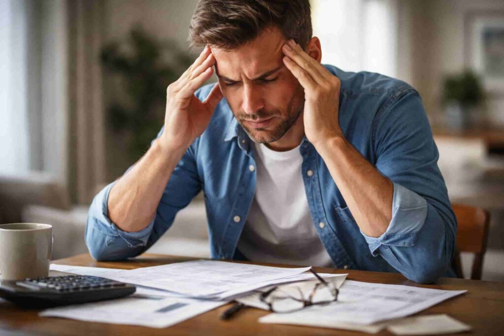 Man experiencing a tension headache while reviewing tax documents at a desk, illustrating stress-related headache symptoms