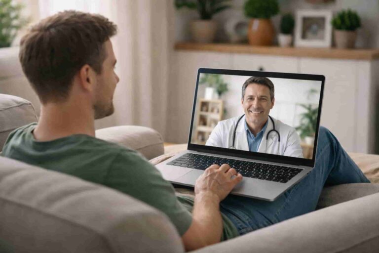 male patient meets doctor on telehealth appointment in leesburg