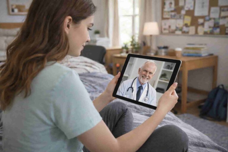 female cannabis patient in her dorm room speaks with a cannabis doctor on telehealth