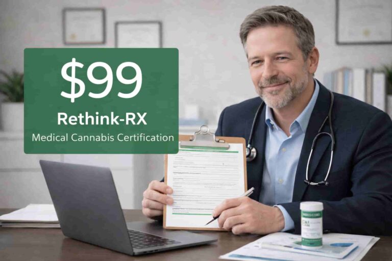 Physician-led medical cannabis certification appointment highlighting affordable pricing at ReThink-Rx