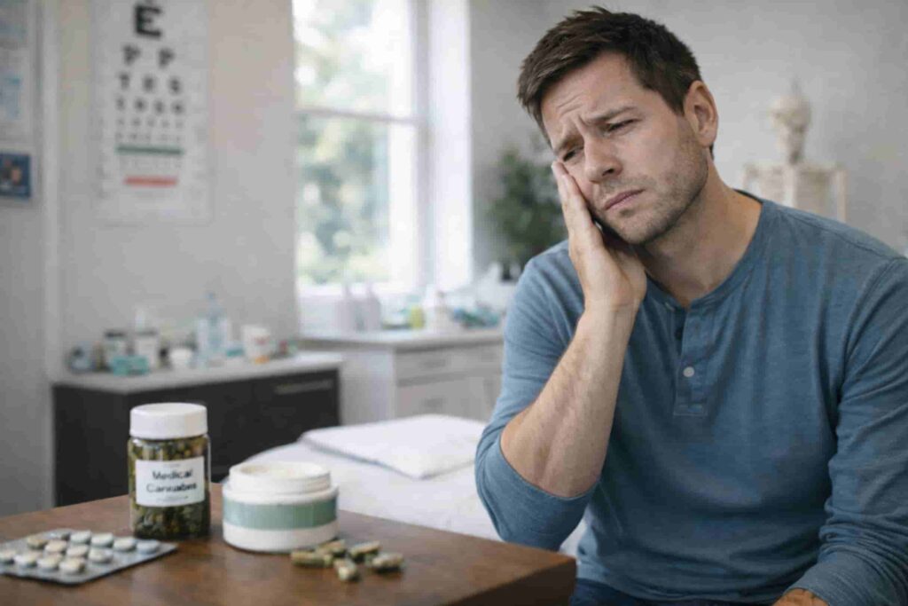 Young adult male with visible Bell’s palsy facial droop seated in a medical office, reviewing physician-guided medical cannabis treatment options for nerve pain and recovery