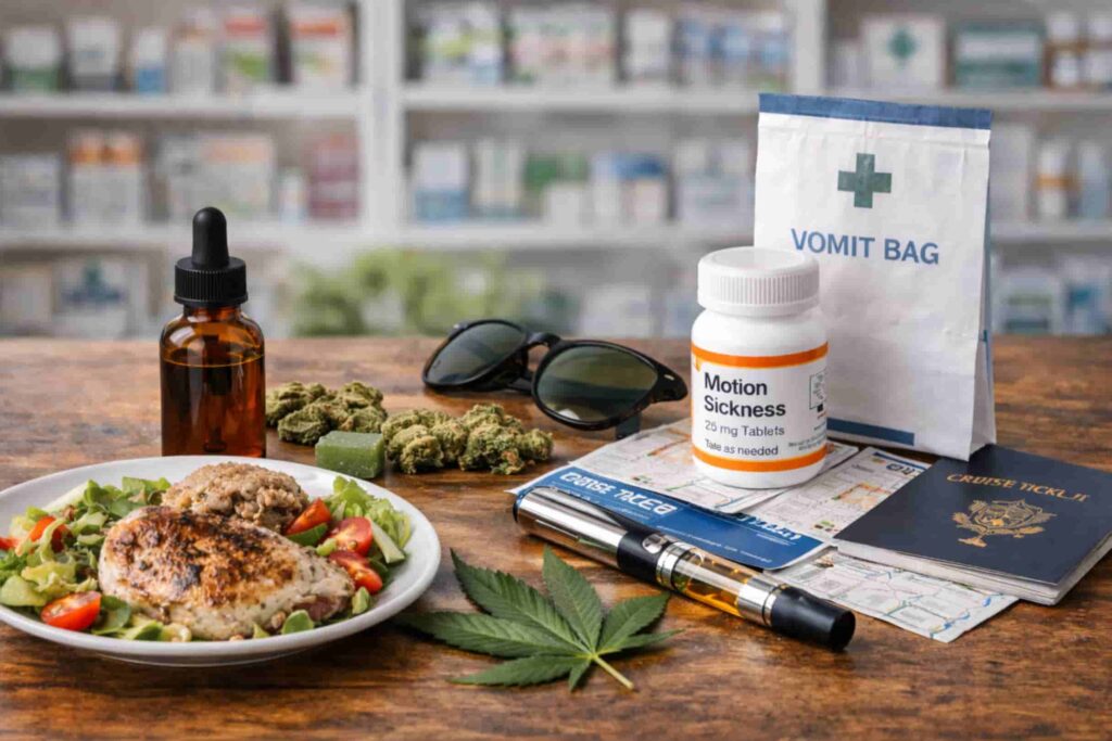 Photorealistic arrangement of medical cannabis tincture, vape pen, and buds alongside motion-sickness medication and travel items on a table, illustrating cannabis and nausea support for travel.