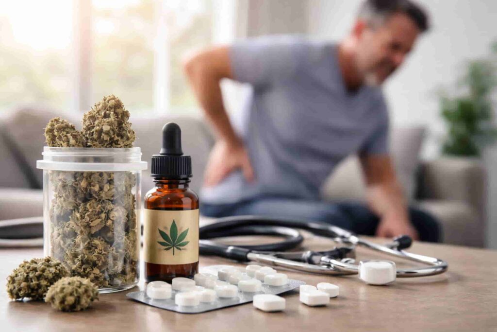 Medical cannabis and opioid pain medications on a table in the foreground while a man holds his lower back in pain in the background, illustrating treatment options for chronic low back pain.
