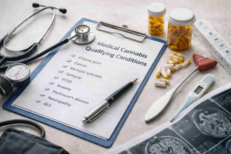 Medical cannabis qualifying conditions list on a clipboard with stethoscope, prescription bottles, and diagnostic tools, illustrating eligibility criteria in a clinical context