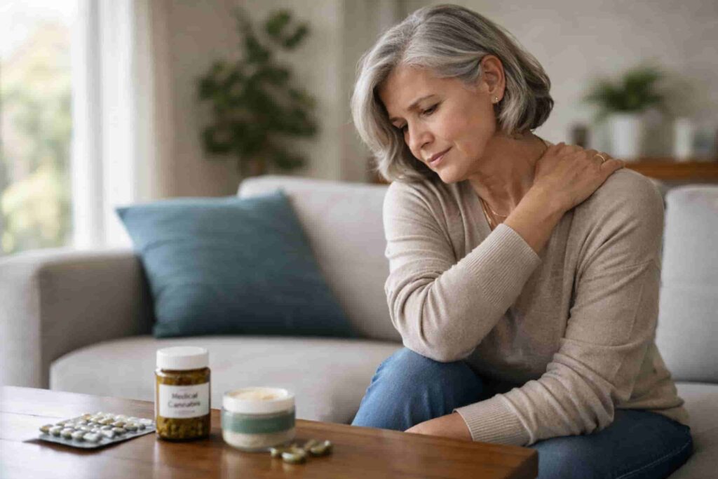 Patient at home using physician-recommended medical cannabis options for chronic aches and pain relief in a calm, comfortable home setting