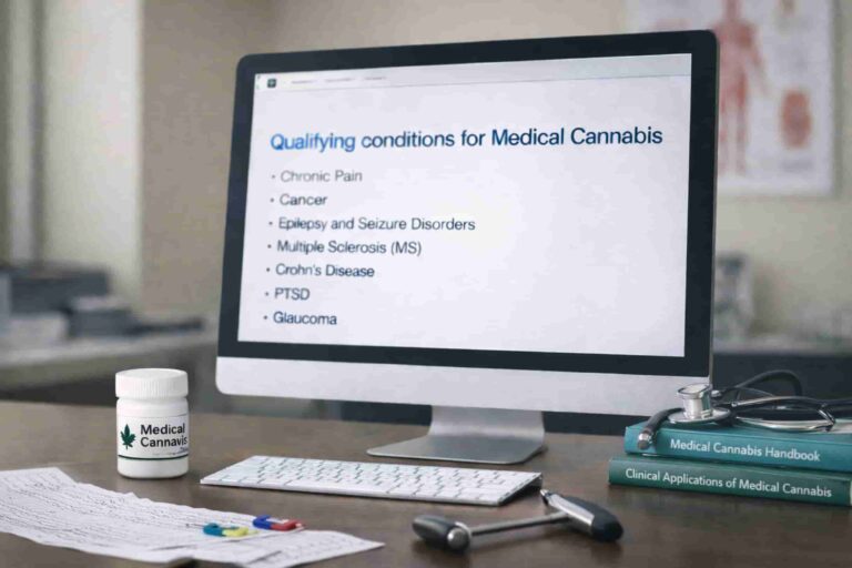 Medical office desk with computer displaying qualifying conditions for medical cannabis, alongside clinical tools, EEG strip, neurology reflex hammer, medical textbooks, and a labeled medical cannabis container.