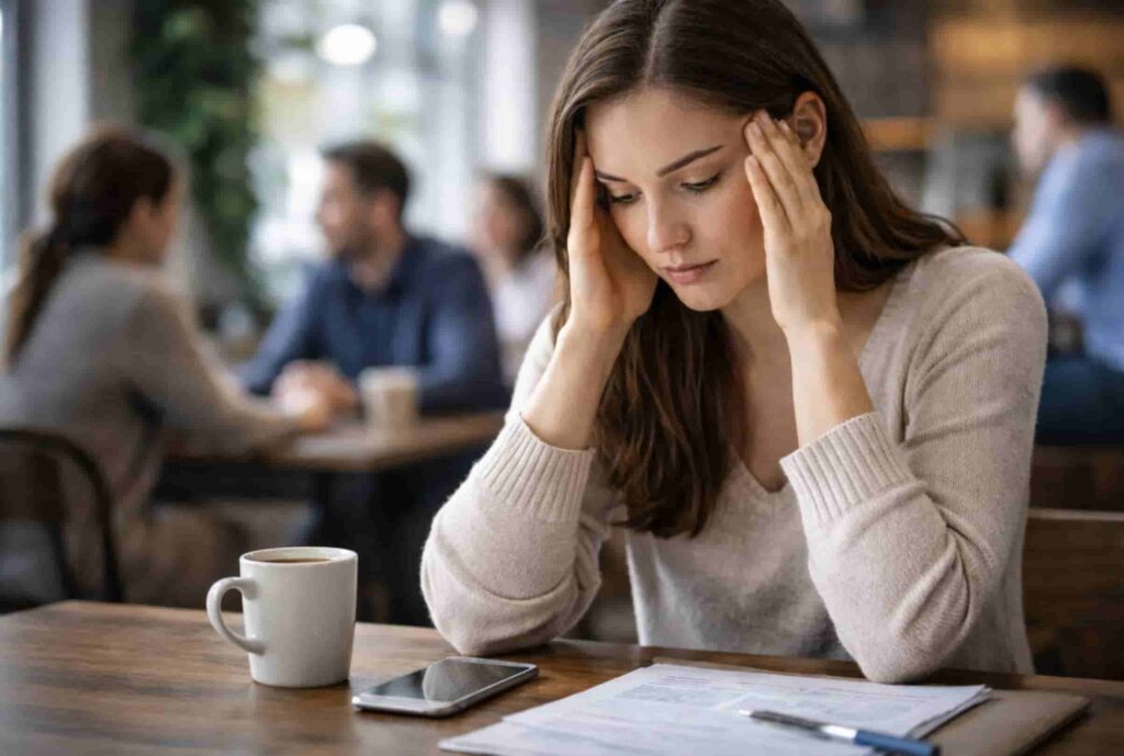 Mid-30's patient suffering social anxiety in a coffee shop