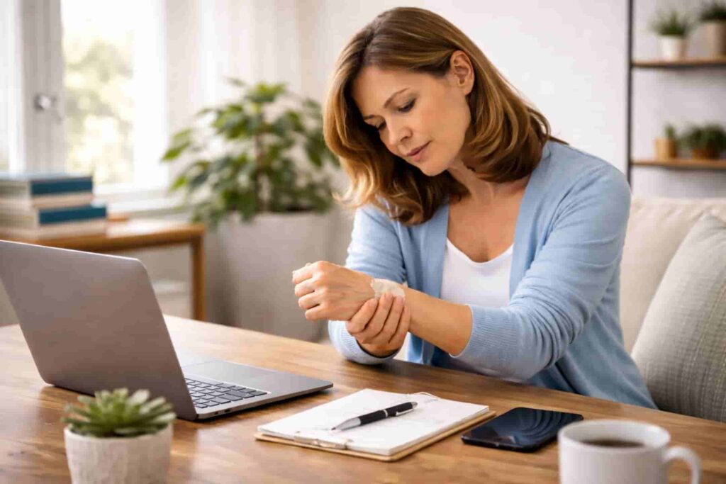 Office worker experiencing wrist pain from carpal tunnel syndrome while typing on a laptop.