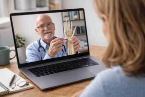 Doctor explaining wrist anatomy and carpal tunnel syndrome during a telehealth consultation.