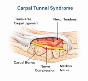 Medical diagram showing median nerve compression in the wrist causing carpal tunnel syndrome.