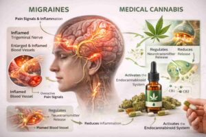 Medical cannabis mechanism for migraines showing trigeminal nerve inflammation, blood vessel changes, and endocannabinoid system effects