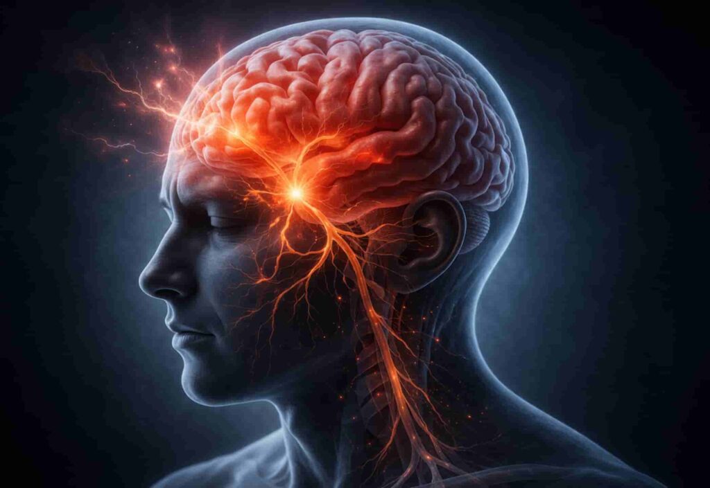 Detailed brain image showing migraine headache mechanism with inflamed nerves and pain signal pathways