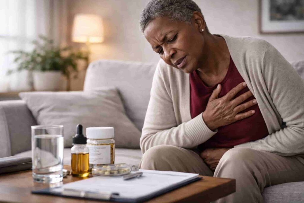 Female patient with amyloidosis holding her chest during symptom flare with prescribed therapy nearby.