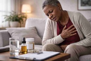 Female patient with amyloidosis holding her chest during symptom flare with prescribed therapy nearby.