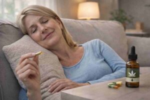 Migraine patient resting peacefully after cannabis treatment with reduced head pain and improved comfort