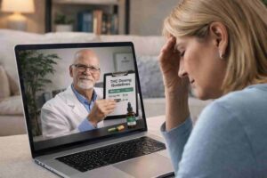 Female patient with migraine on telehealth call as doctor explains medical cannabis THC dosing for relief