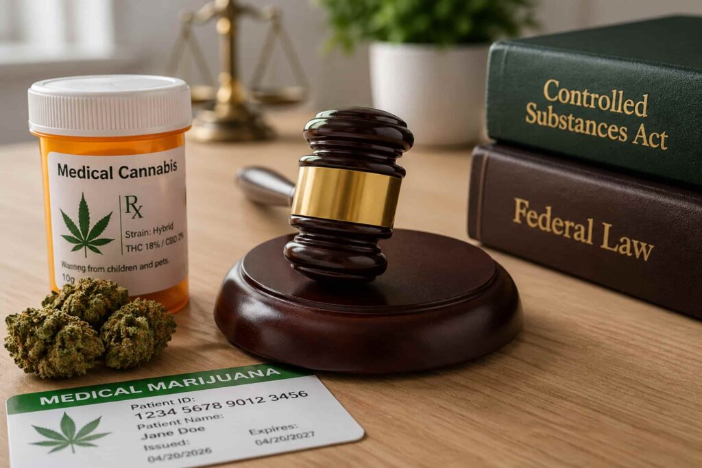 Medical marijuana card and labeled cannabis container beside a judge’s gavel illustrating federal rescheduling to Schedule III under the Controlled Substances Act