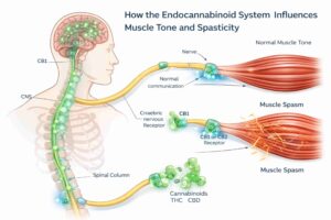 Medical illustration showing how the endocannabinoid system regulates muscle tone and reduces spasticity through CB1 and CB2 receptors