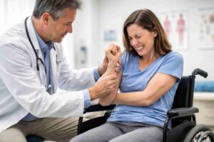 Patient with multiple sclerosis experiencing painful muscle spasticity during a clinical examination by a physician