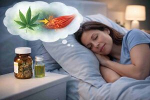 Woman with multiple sclerosis sleeping comfortably after relief from muscle spasms, with medical cannabis products nearby
