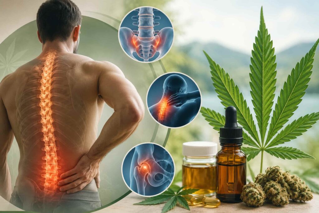 Illustrative medical infographic showing spinal inflammation and medical cannabis products for ankylosing spondylitis symptom relief