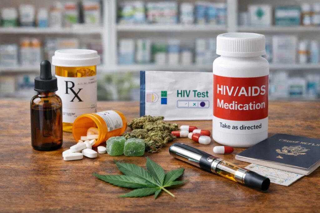 Photorealistic image of medical cannabis tincture, capsules, and vape pen beside HIV medication bottles, illustrating cannabis as supportive therapy for HIV-related symptoms.