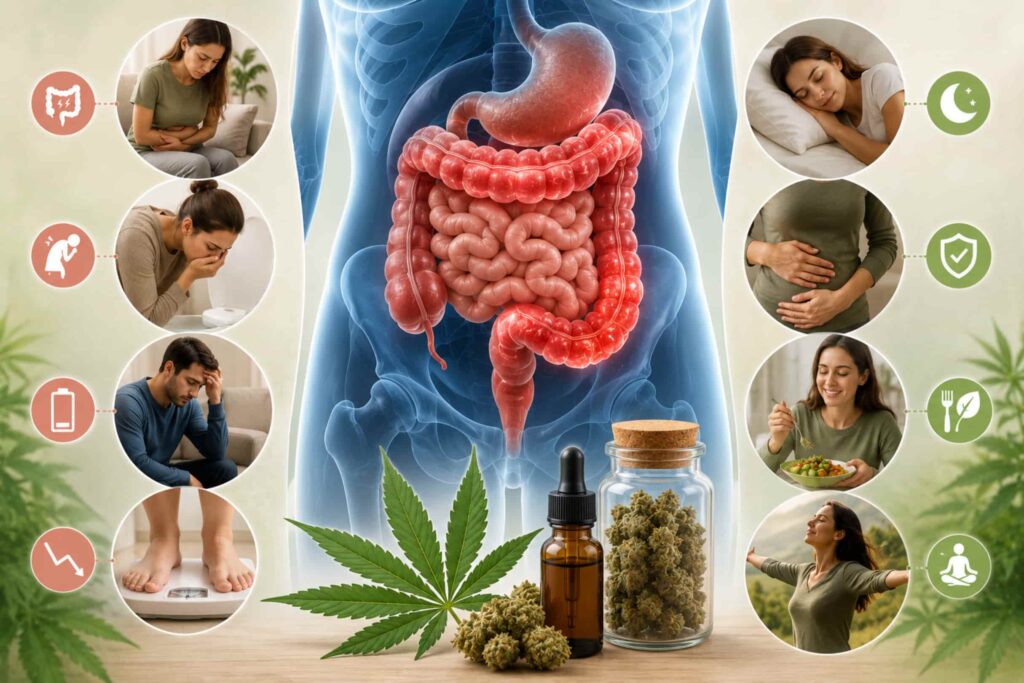 Medical infographic illustrating how medical cannabis may support Crohn’s disease symptoms including abdominal pain, nausea, appetite loss, fatigue, and sleep disruption.