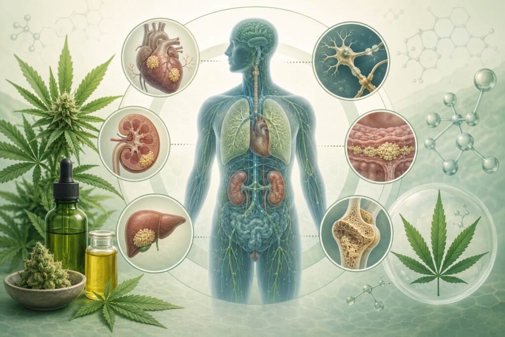 Medical infographic illustrating amyloidosis affecting multiple organ systems alongside medical cannabis treatment concepts.