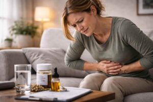 a patient experiences pain and cramping from Crohn's disease and medical cannabis products are on a table