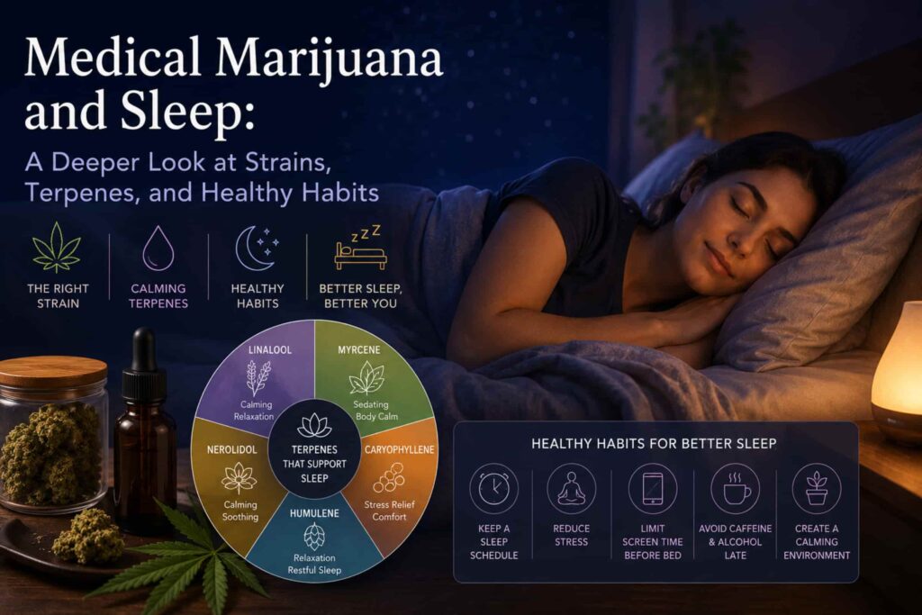 Patient sleeping peacefully beside medical cannabis products and terpene chart illustrating how marijuana strains and healthy habits may support better sleep.