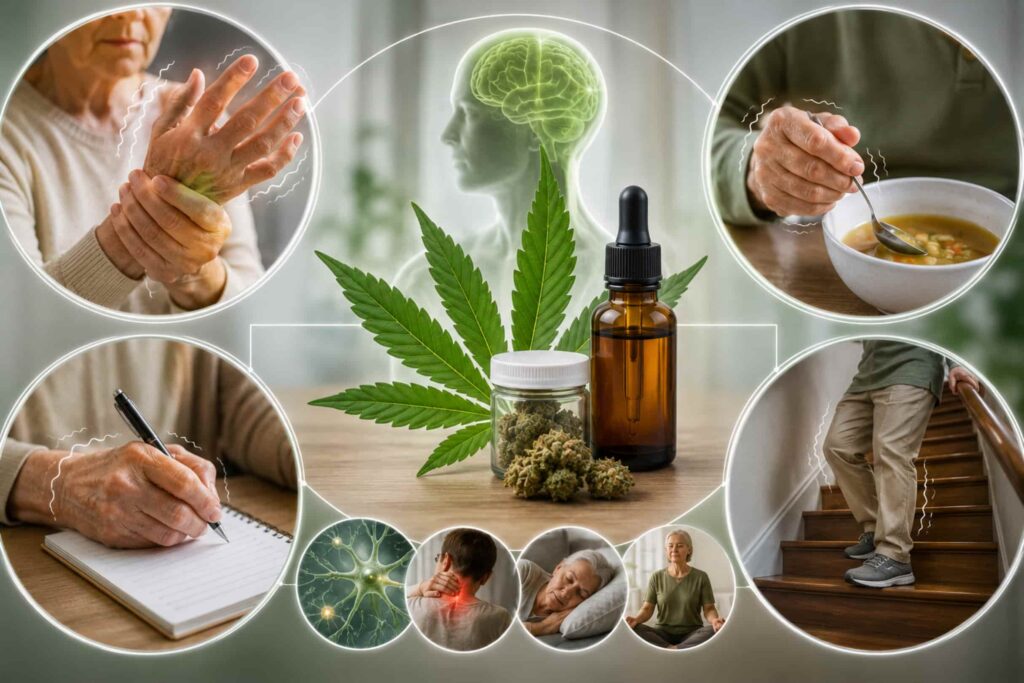 Medical infographic illustrating how medical cannabis may support tremors, muscle control, sleep, stress reduction, and neurologic symptom management.