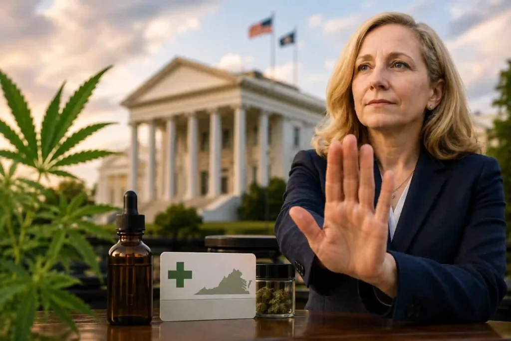 Virginia governor vetoing recreational cannabis sales legislation while highlighting continuing medical marijuana card access in Virginia