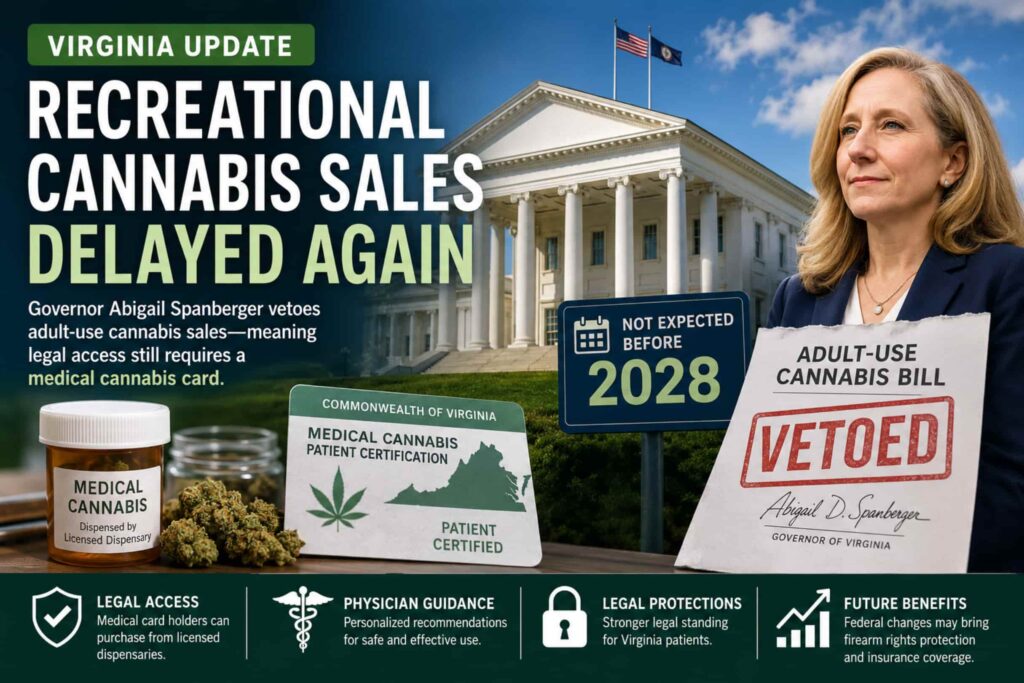 Virginia governor vetoing recreational cannabis sales legislation while highlighting medical marijuana card access in Virginia