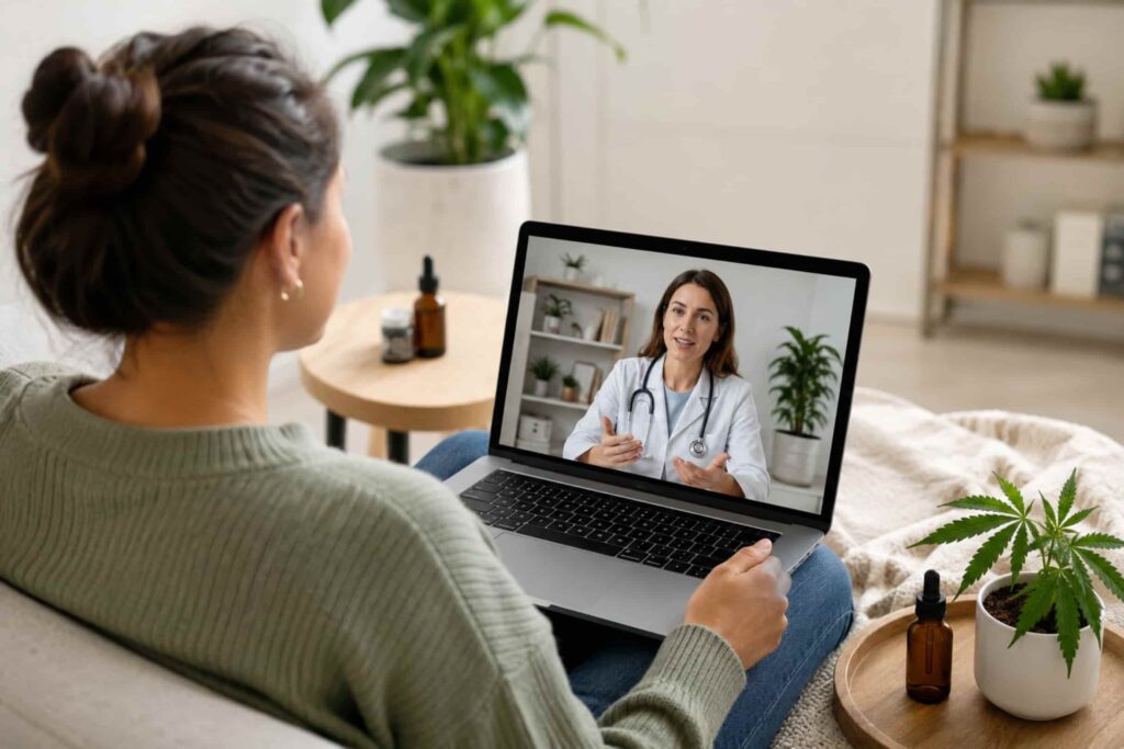 Patient participating in a Virginia medical cannabis telehealth evaluation with a licensed clinician using a secure online video appointment