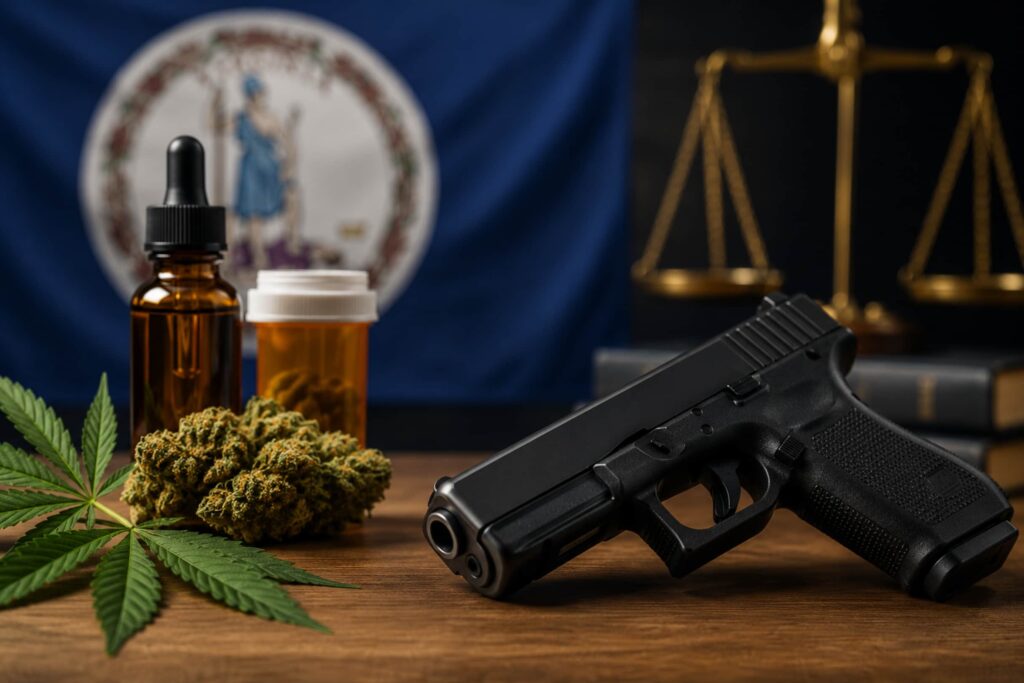 Medical cannabis products and a firearm representing evolving gun laws and medical marijuana regulations in Virginia.