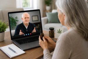 Older woman participating in a virtual telehealth consultation with a medical cannabis physician to discuss treatment options for polymyalgia rheumatica. The patient is seated at home and speaking with the doctor through a laptop computer while reviewing options for managing pain, inflammation, stiffness, and sleep disturbances associated with PMR.