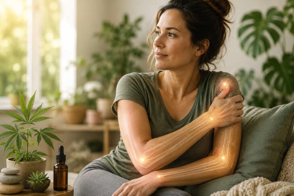 Woman with hypermobility disorder experiencing joint pain relief through medical cannabis treatment, with highlighted joints and a calm home setting.