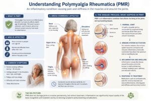 Educational medical infographic explaining polymyalgia rheumatica (PMR), including areas commonly affected such as the shoulders, neck, hips, and thighs. The graphic illustrates inflammation around joints and soft tissues, common symptoms including pain, stiffness, fatigue, and reduced mobility, and the progression of the inflammatory process that causes PMR symptoms.