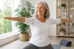 Active older woman performing a gentle yoga stretch and smiling comfortably, representing improved mobility and reduced pain associated with polymyalgia rheumatica. The image illustrates successful symptom management, enhanced quality of life, increased flexibility, and the ability to return to enjoyable daily activities.