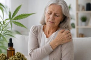 Older woman experiencing shoulder pain and stiffness associated with polymyalgia rheumatica, a chronic inflammatory condition affecting the shoulders and hips.