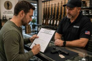Customer reviewing ATF Form 4473 while purchasing a firearm at a licensed gun store amid evolving medical cannabis regulations.