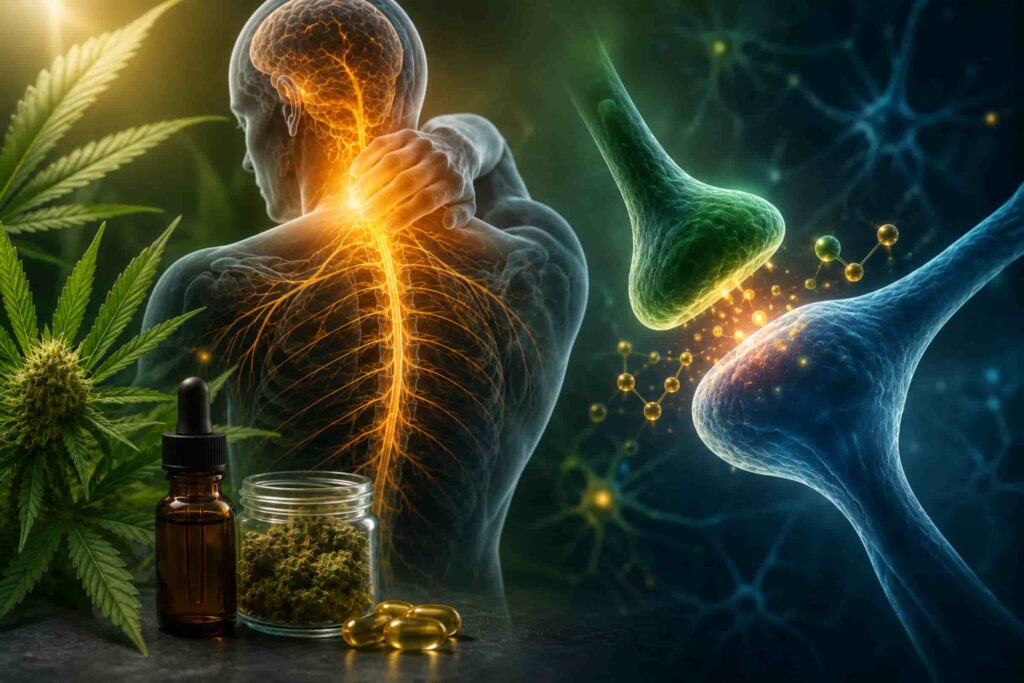 Medical illustration showing how THC interacts with the nervous system and the endocannabinoid system to help reduce chronic pain and inflammation.