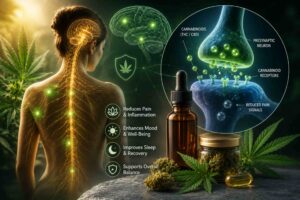 Medical infographic illustrating how cannabinoids interact with the nervous system to help reduce chronic pain and inflammation using medical cannabis.