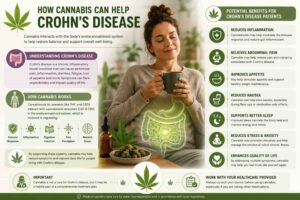 Infographic explaining how medical cannabis may help Crohn’s disease symptoms including abdominal pain, nausea, appetite loss, sleep disruption, inflammation, and stress.