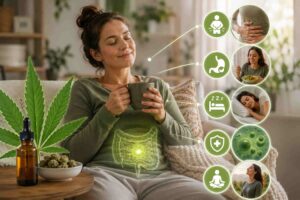 Woman with Crohn’s disease experiencing symptom relief while using physician-guided medical cannabis therapy in a home setting.